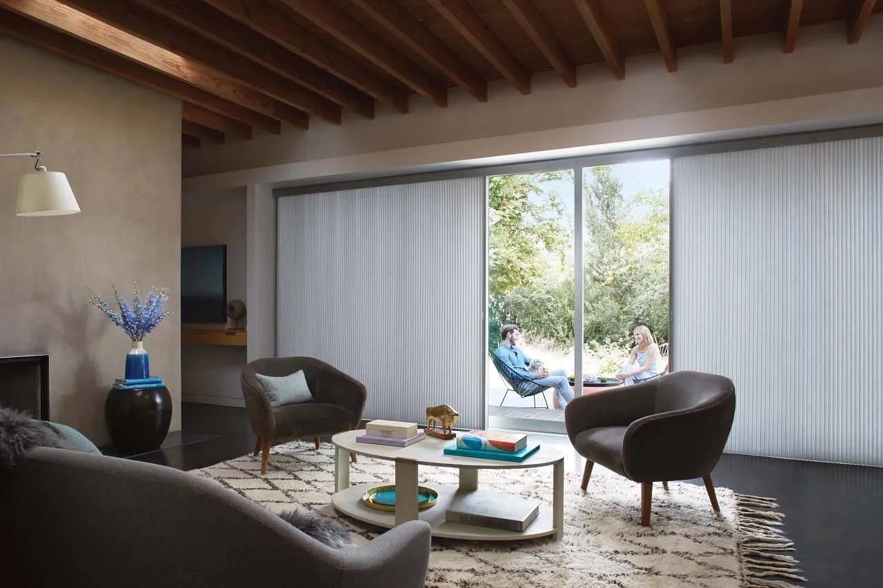 Modern living room, cellular honeycomb shades partially open.