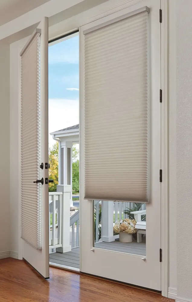 Cellular honeycomb shades on a glass door.