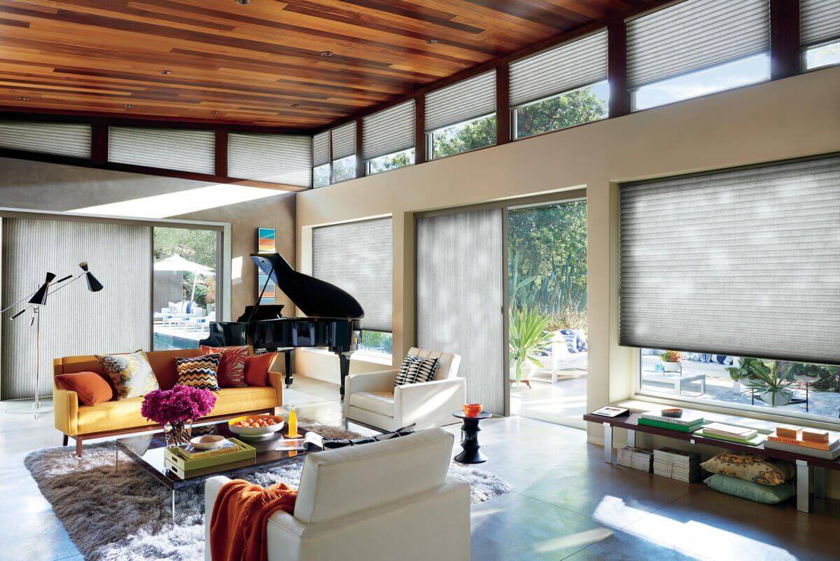 Modern living room with cellular honeycomb shades.