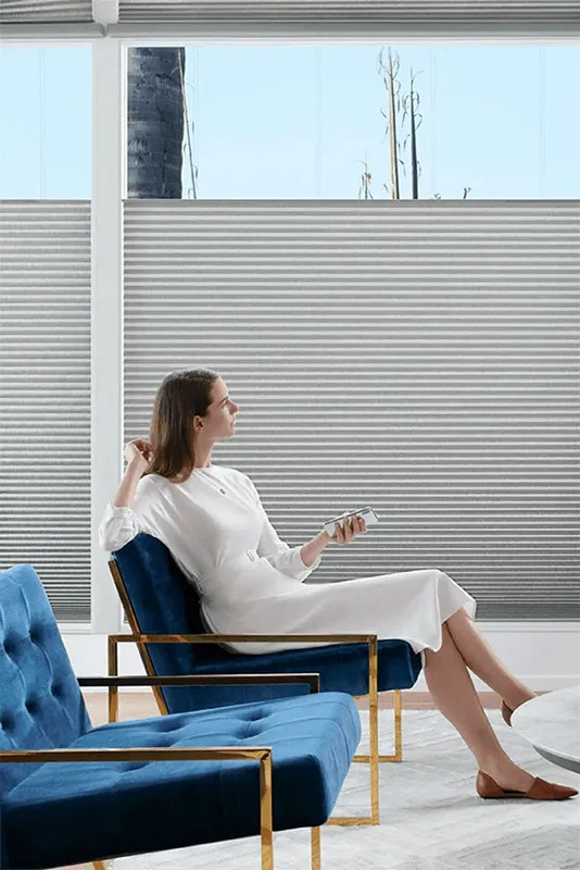 Woman using remote near cellular honeycomb shades.