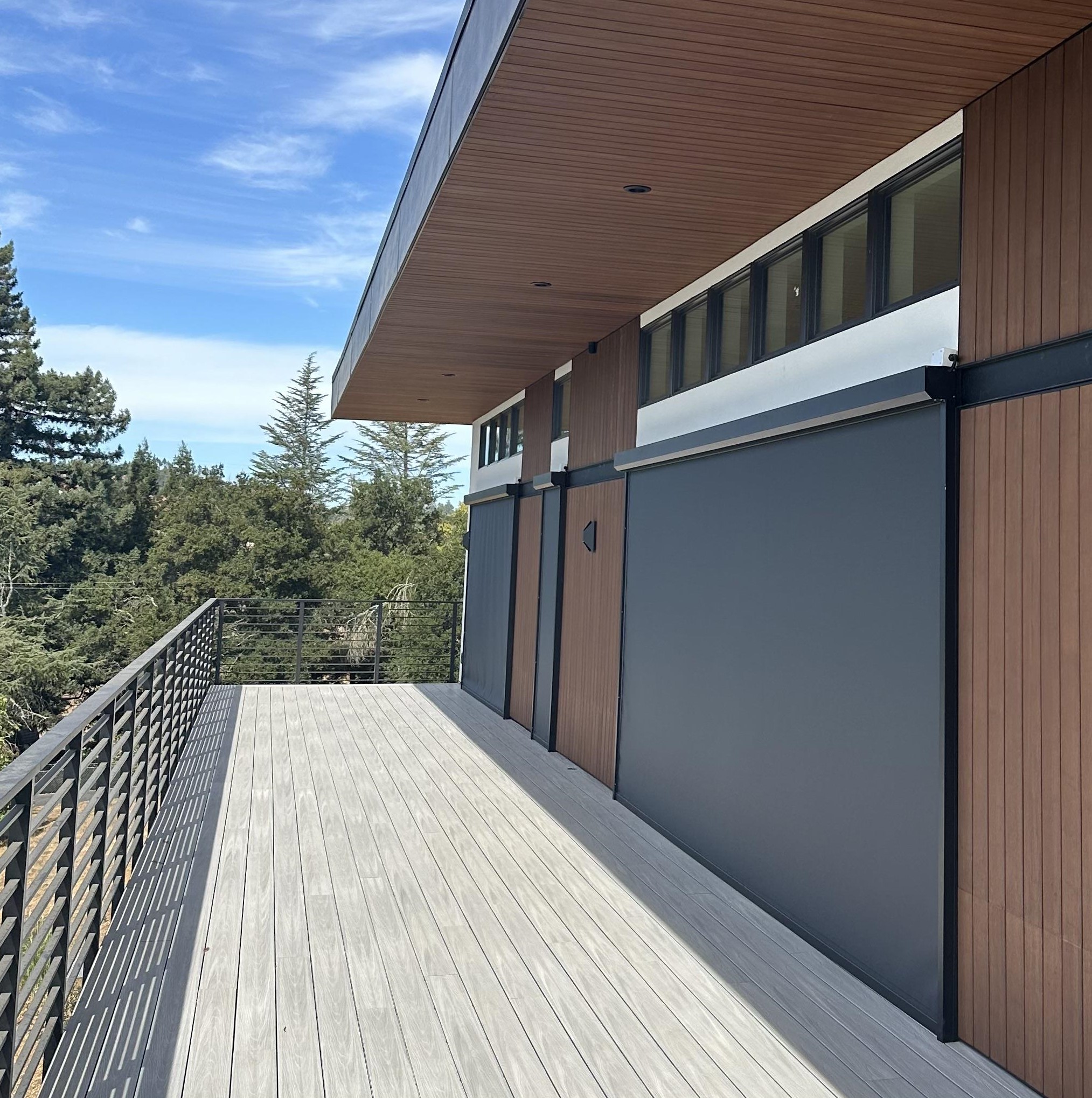 Exterior solar screens on modern building deck, Santa Rosa.
