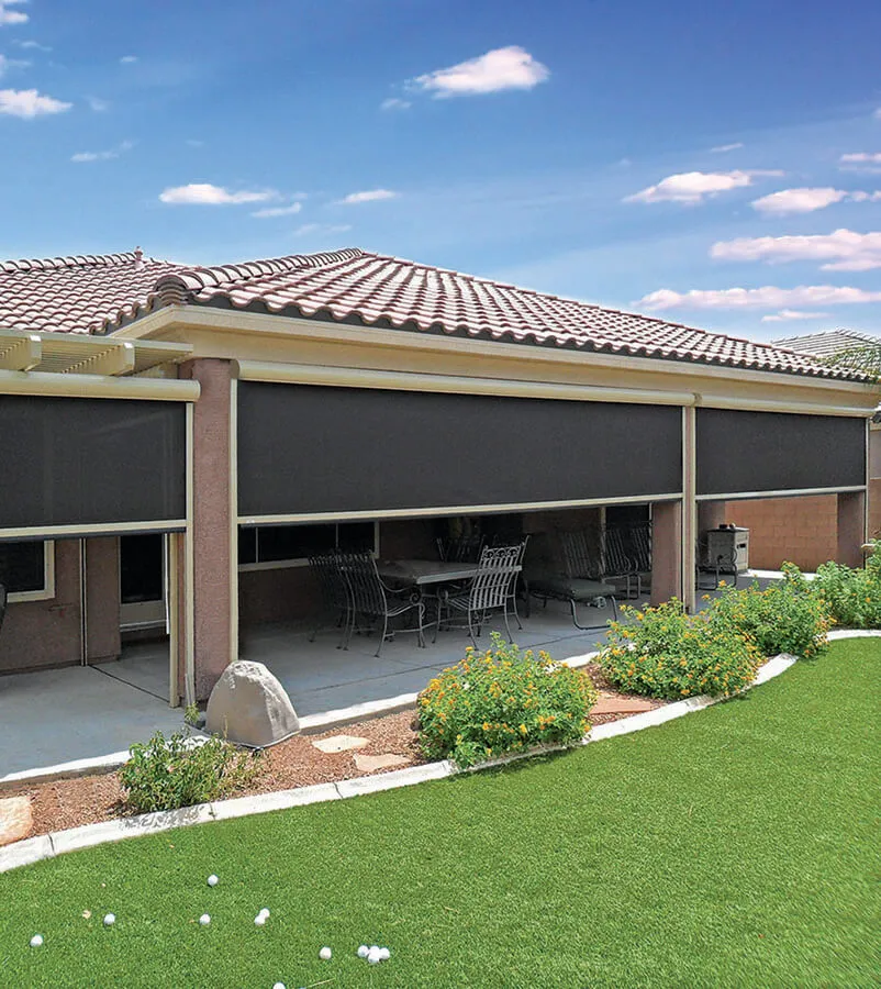 Exterior solar screens on patio, Santa Rosa home.