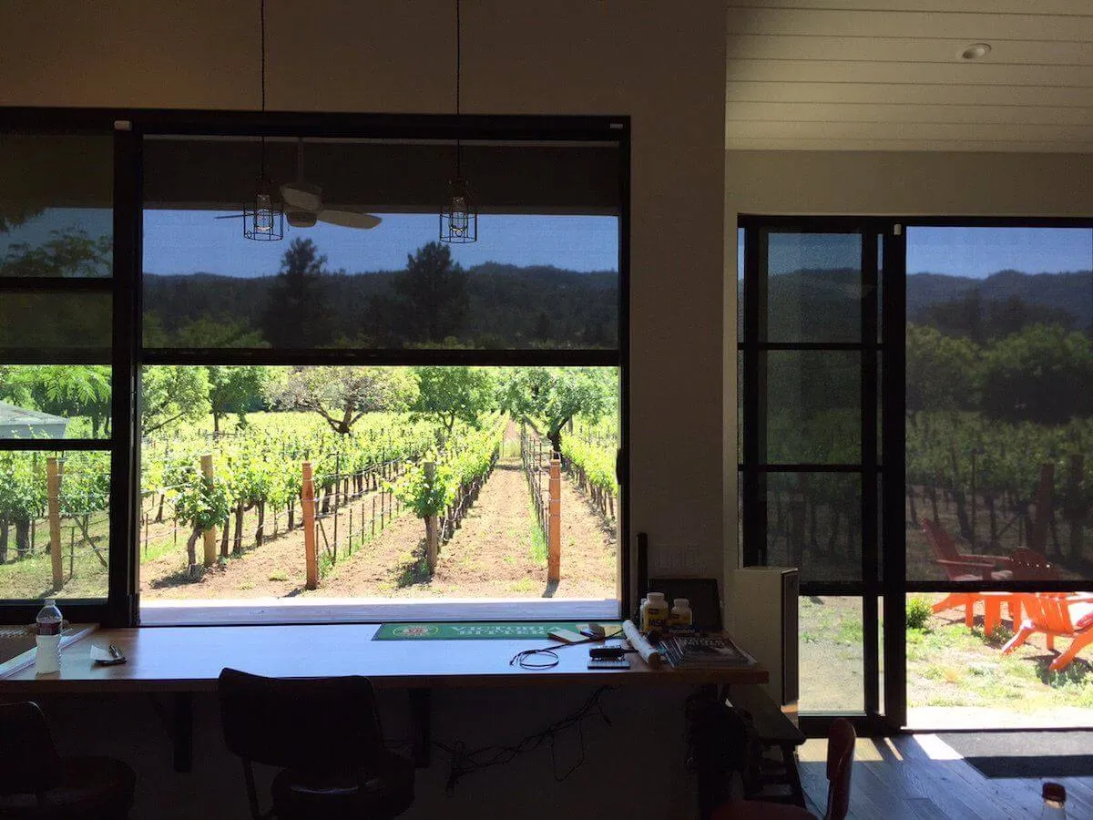 View through solar screen blinds to vineyard outside.