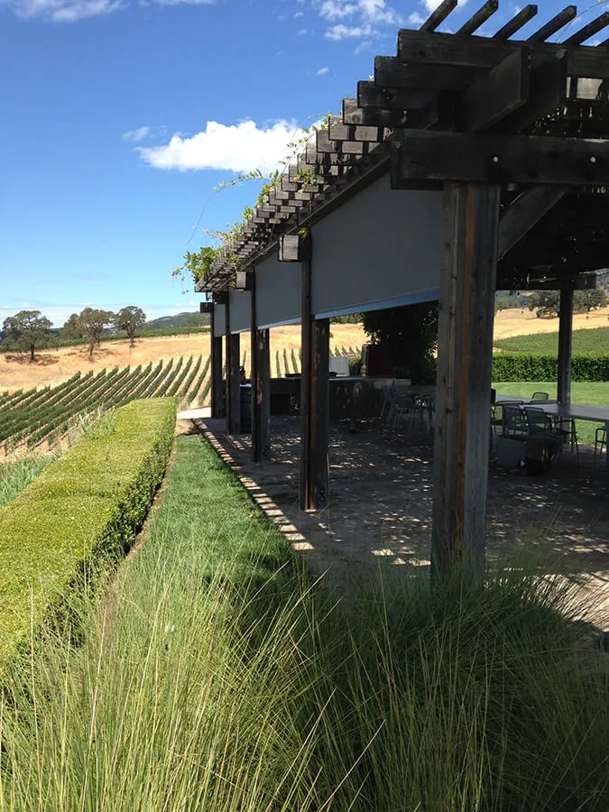 Vineyard pergola with solar screens in Santa Rosa, CA.
