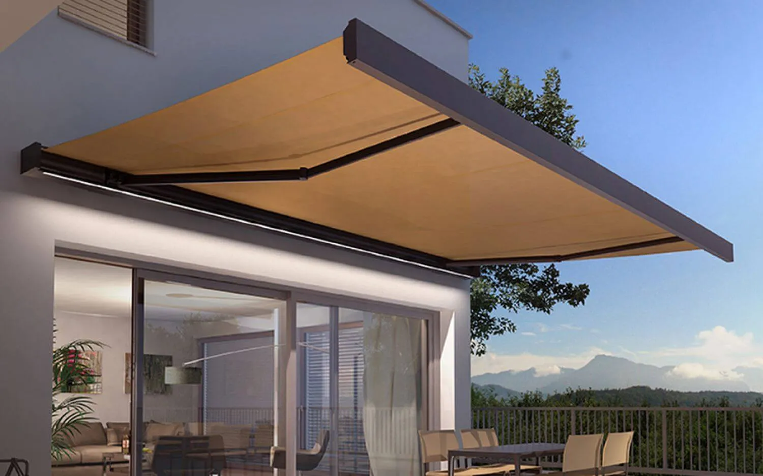 Retractable patio awning covering outdoor seating.