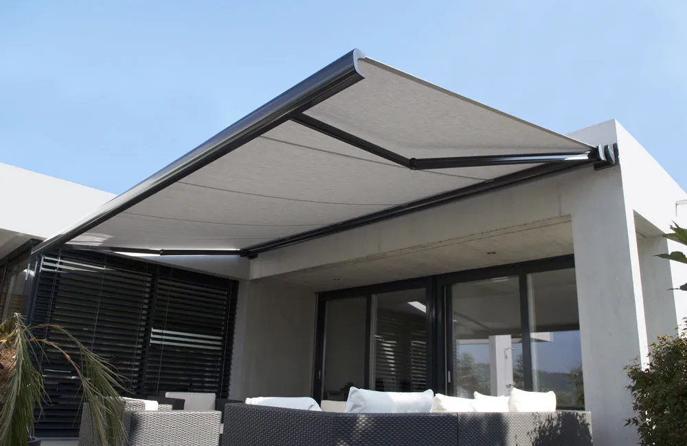 Patio with extended gray awning in Santa Rosa.