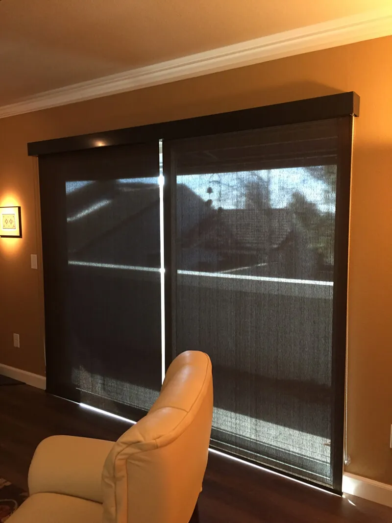 Sliding glass door with dark fabric shades.