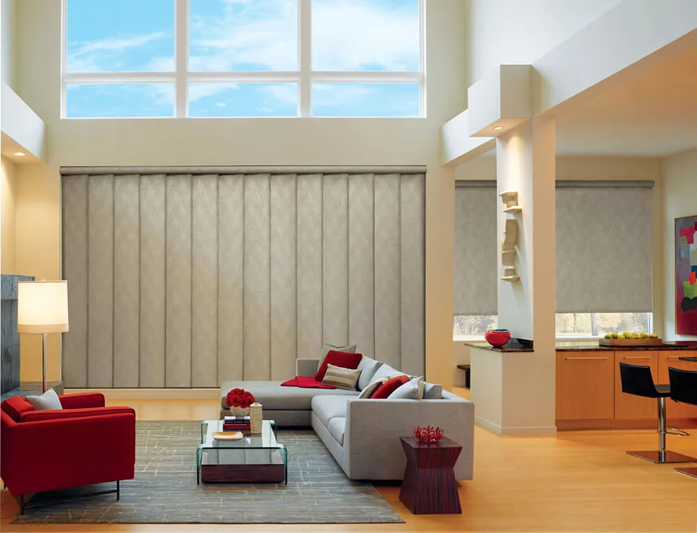 Modern living room with vertical sliding door blinds.