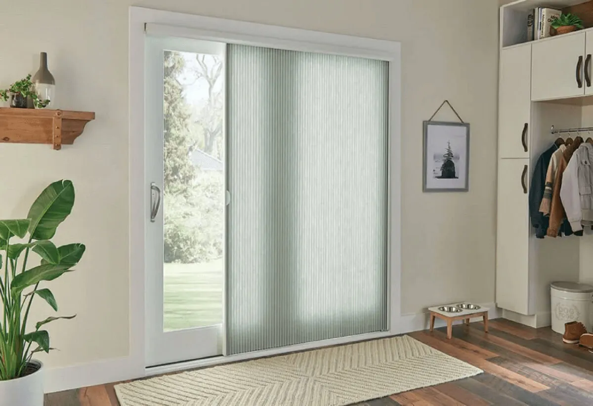 Vertical blinds on glass sliding door in living room.