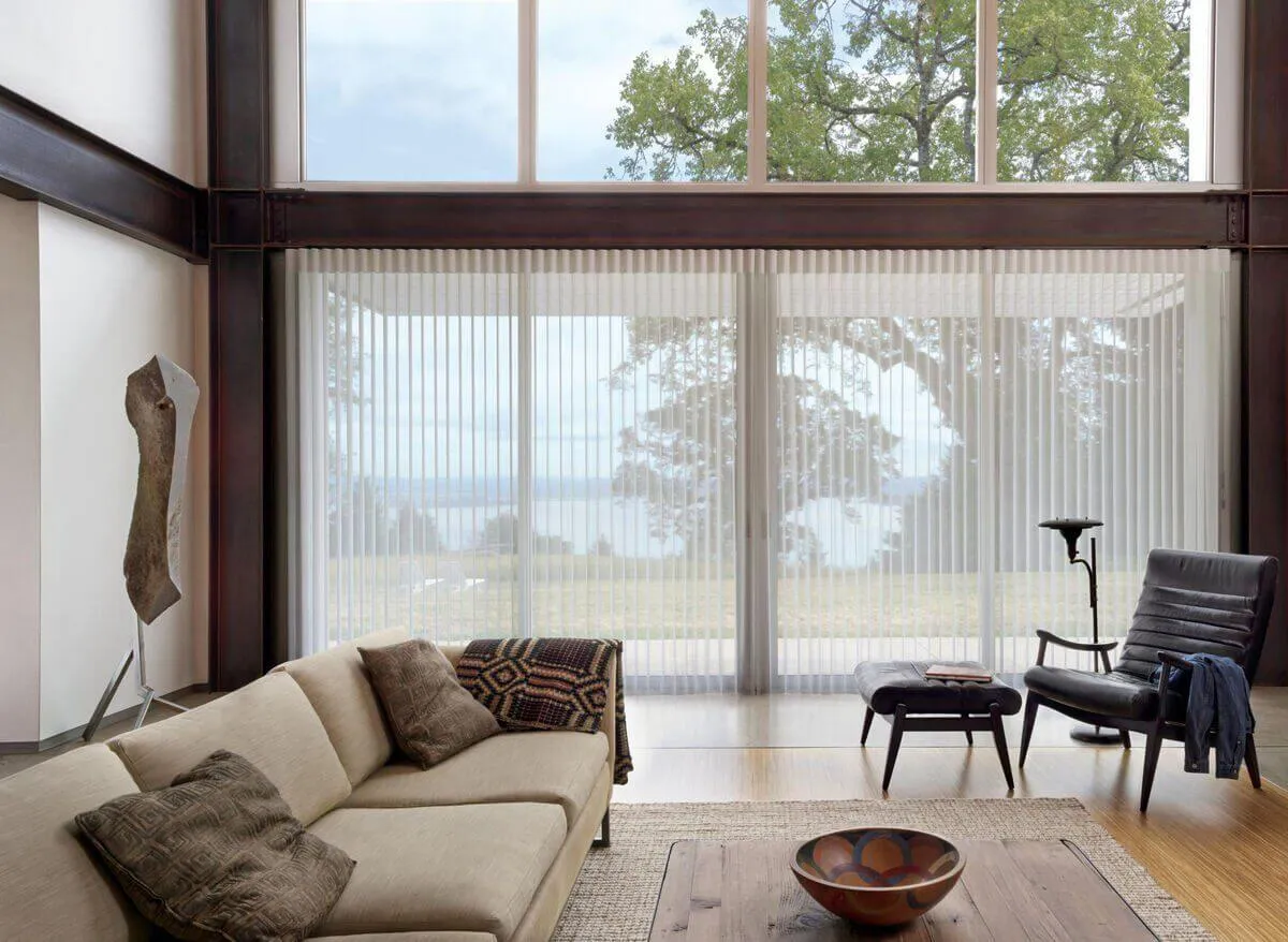 Living room with vertical blinds on sliding glass doors.