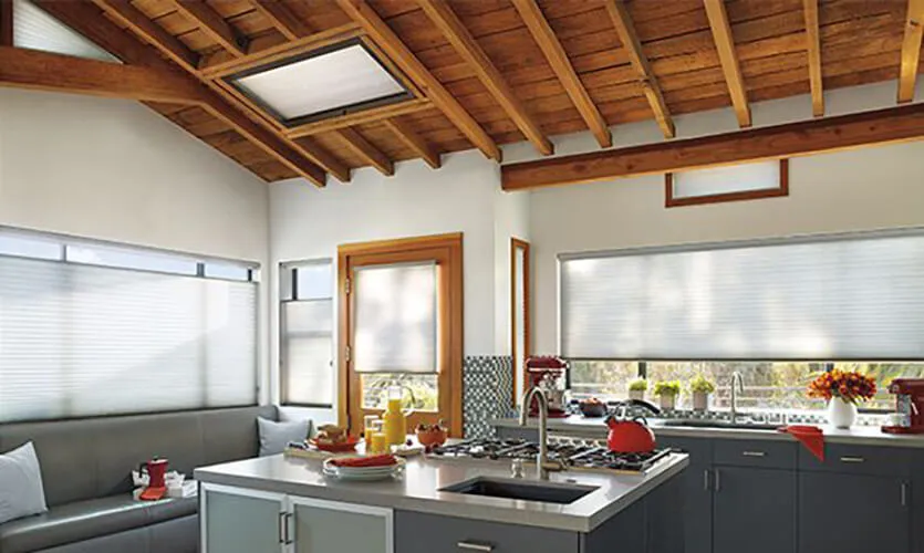 Modern kitchen with skylight and window shades