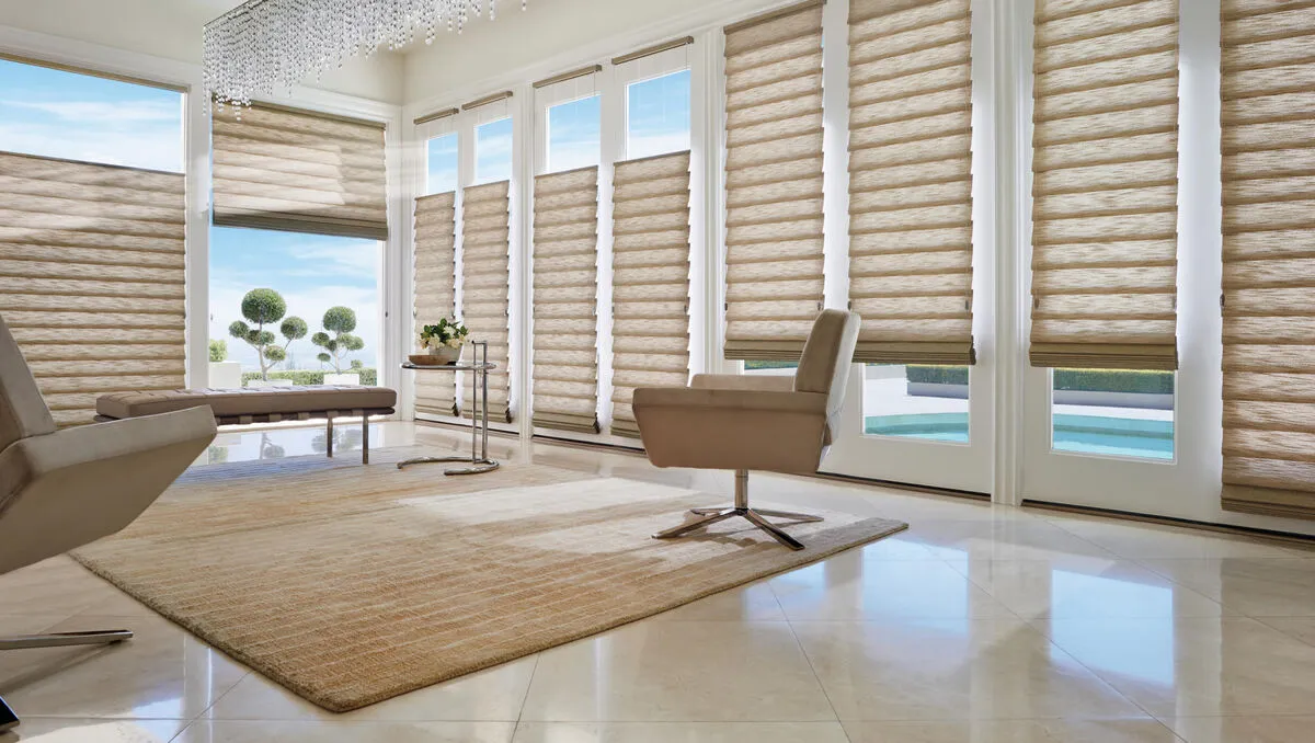 Luxurious Roman shades in elegant living room.