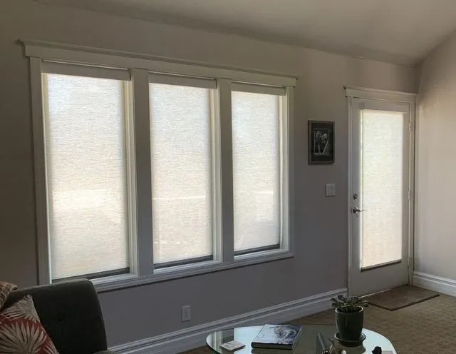 Roller shades on windows and door in living room