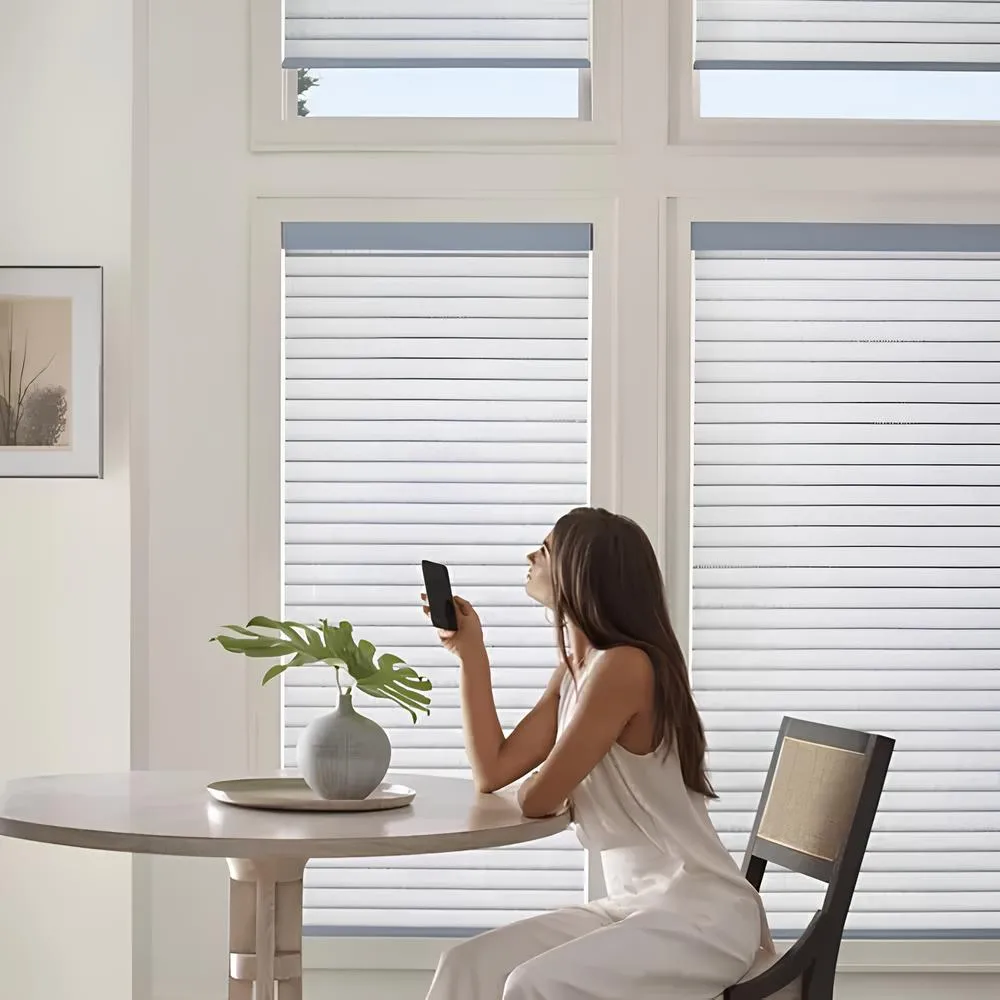 Woman in white outfit using remote to adjust blinds in a bright room.