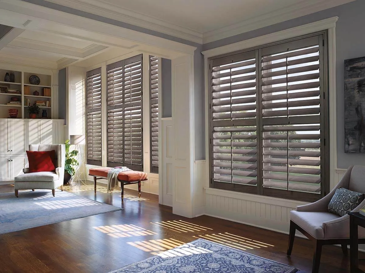 Warm living room with wood accents, plantation shutters, and natural light.