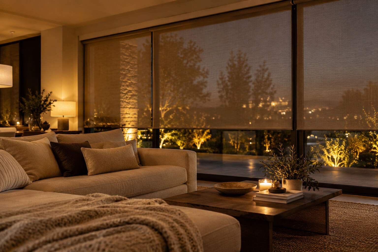 Solar shades on a living room window at night showing how light affects visibility through woven fabric