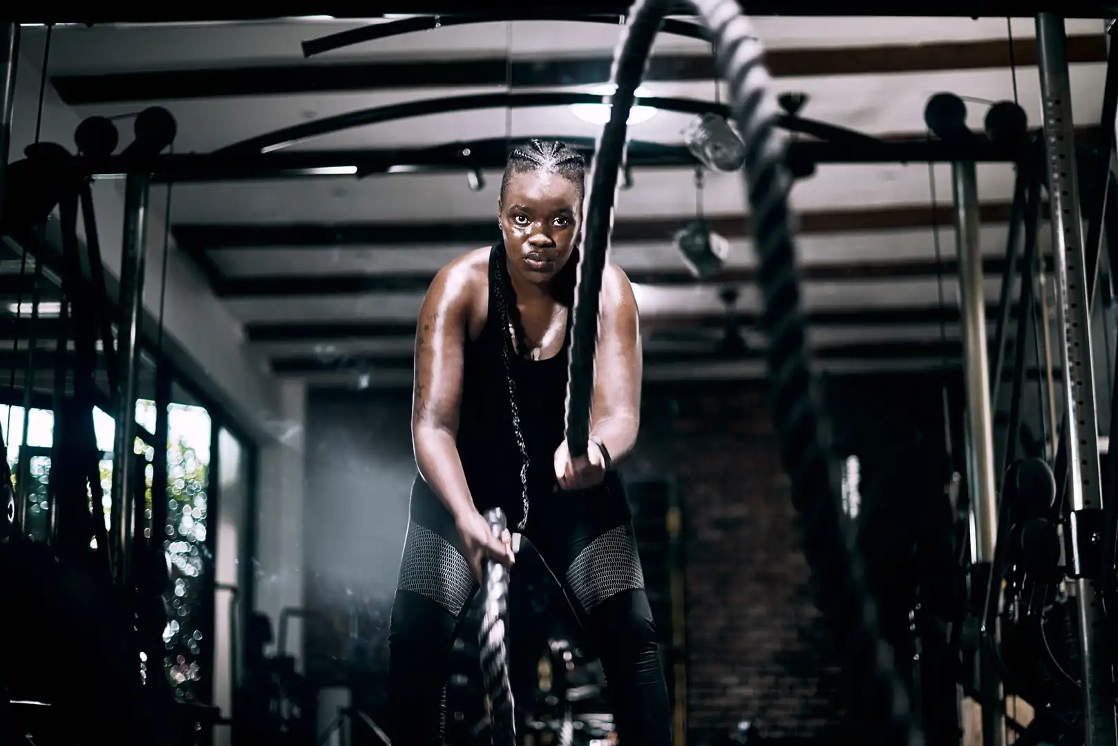 Woman doing battle rope strength training, representing functional fitness, high-intensity cross-training, and athletic conditioning.