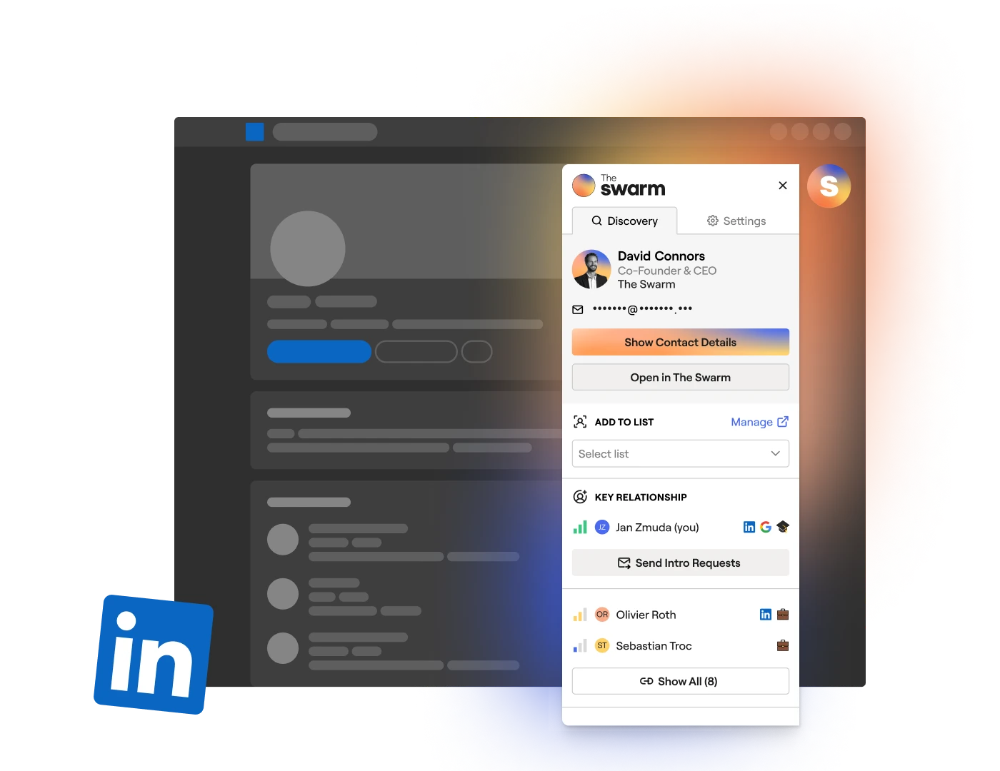 The Swarm Chrome extension showing key relationships and introduction requests on LinkedIn
