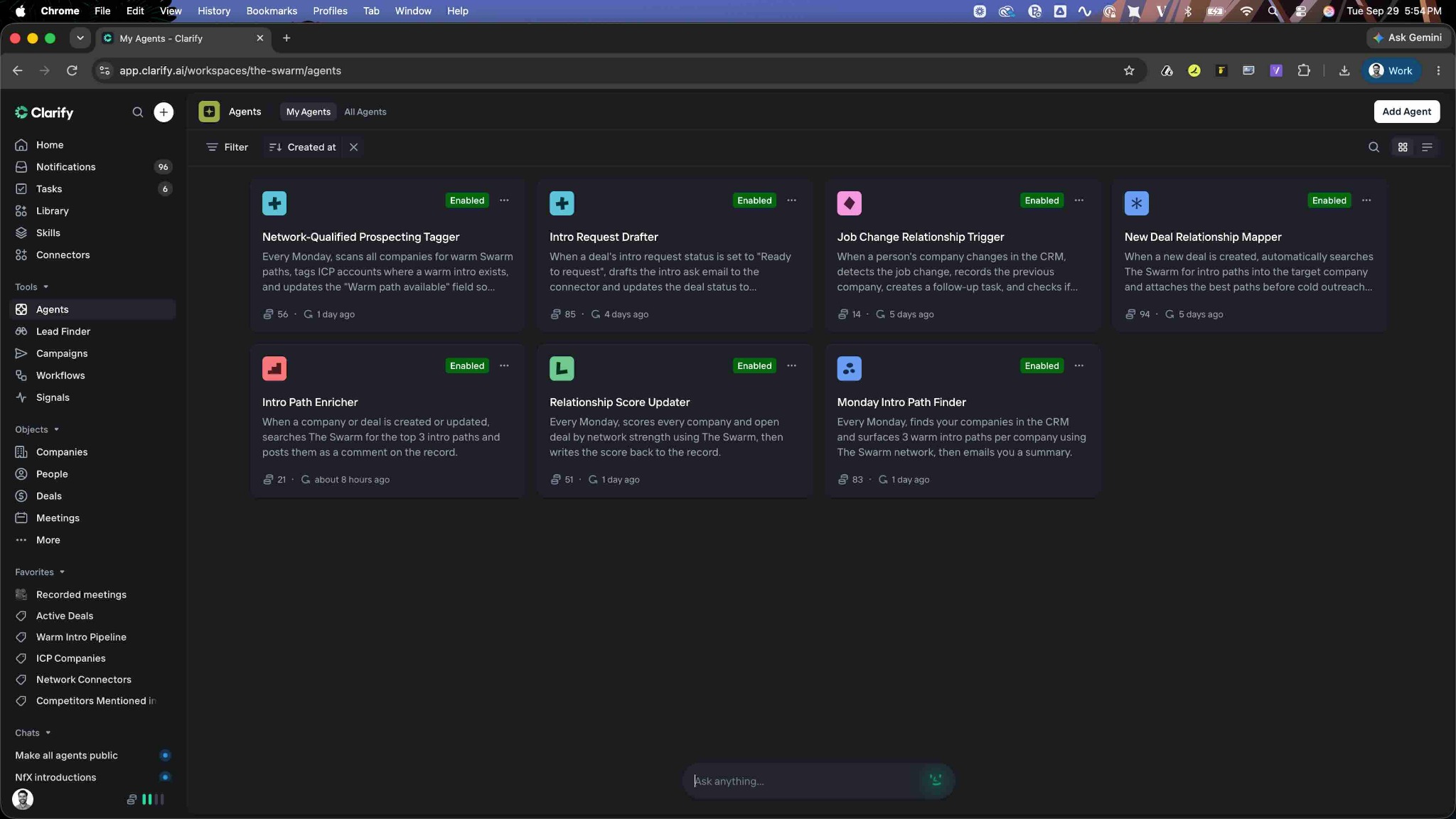 Clarify agent library with The Swarm agents for weekly introductions, relationship scores, and intro request drafting.