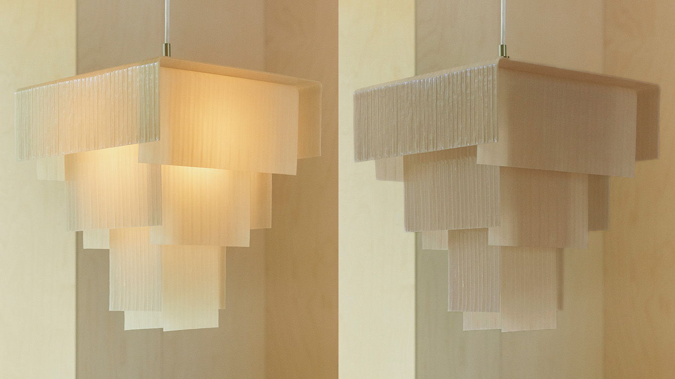 RUSSO BETAK, founded by Stefannia Russo (BR) and Søren Betak (DK), 3D prints biomaterials sourced from waste into lighting objects. Their experimental approach to design emphasises a dialogue between digital precision and material intuition, bridging technology with craftsmanship. Using seashells collected from restaurants, they 3D print flat sheets and hand-sculpt them while warm to create designs that are reminiscent of classic design with a forward-looking twist.