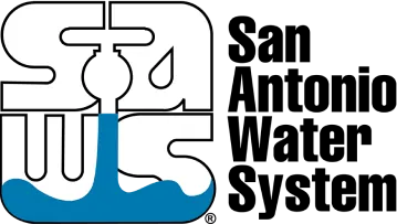 San Antonio Water System logo featuring a stylized faucet pouring blue water, integrated into the initials "SAWS," with the full name in bold black text on the right.