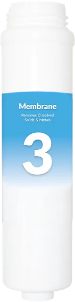 White cylindrical carbon water filter cartridge labeled "3" with a blue gradient label, designed for removing chlorine, taste, and odor.