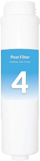 White cylindrical carbon water filter cartridge labeled "4" with a blue gradient label, designed for removing chlorine, taste, and odor.