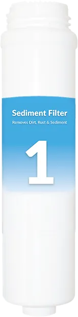 White cylindrical carbon water filter cartridge labeled "1" with a blue gradient label, designed for removing chlorine, taste, and odor.