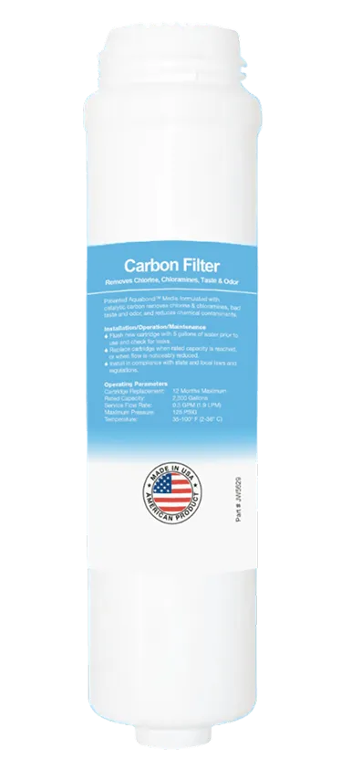 Carbon filter for water filtration, removes odors and chlorine.