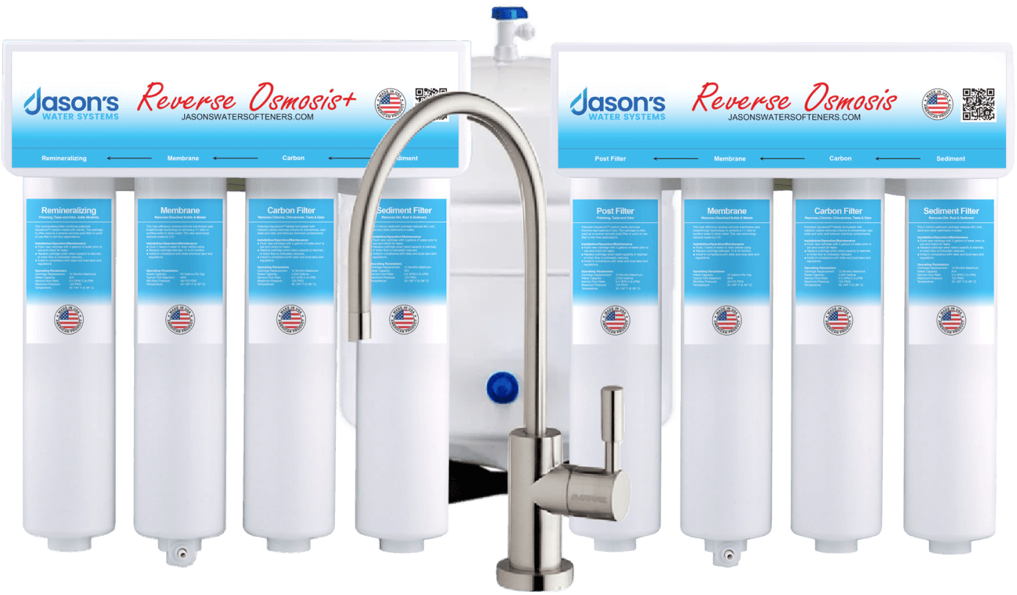 Jason's Water Systems reverse osmosis system with multiple filters and a faucet.
