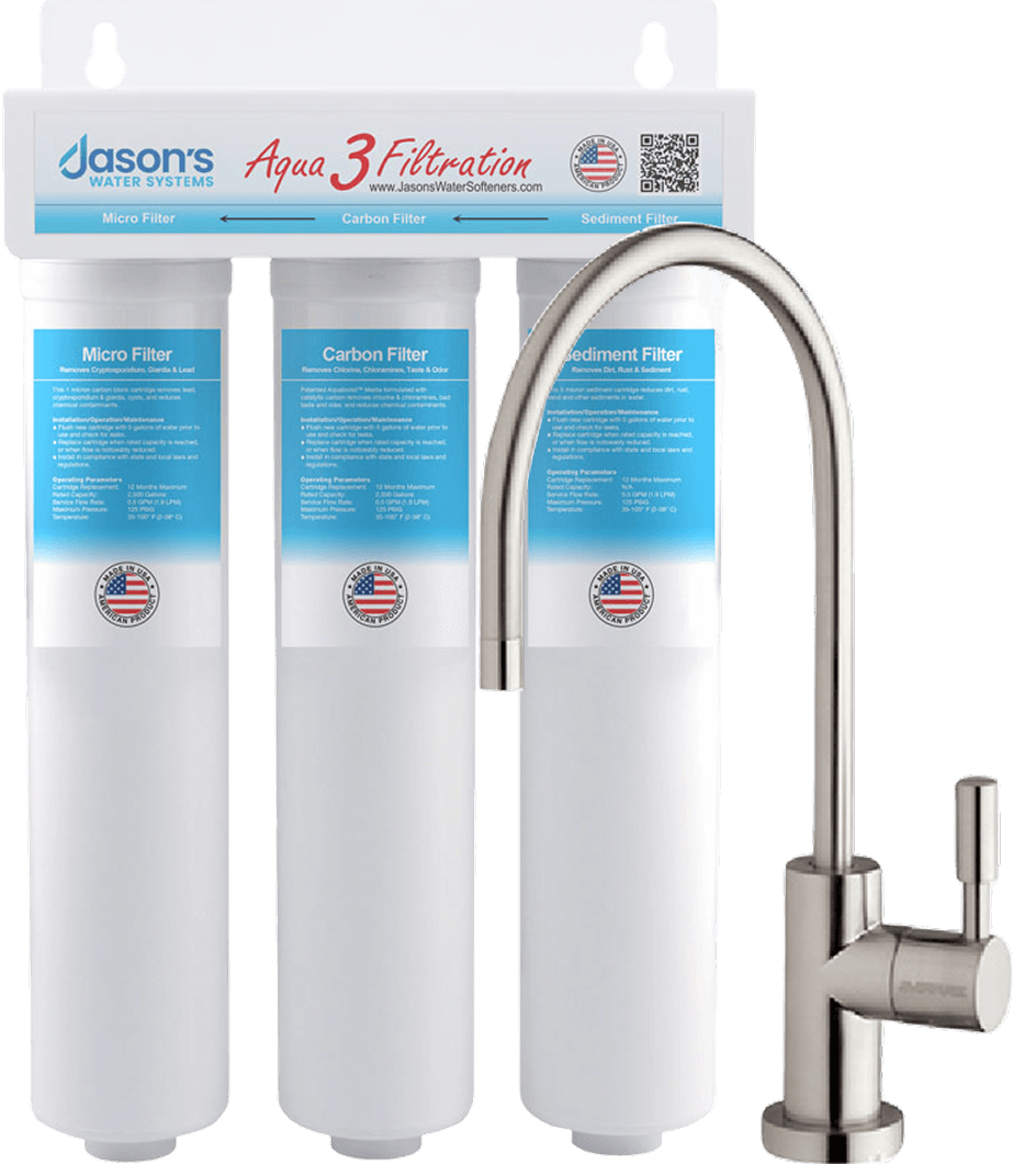 Jason's Water Systems Aqua 3 filtration system with three filters and faucet.