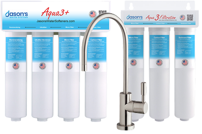 Jason's Water System Aqua3 and Aqua3+ filtration systems shown with multiple labeled filter cartridges and a stainless steel faucet in front.