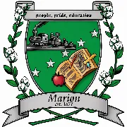 City of Marion emblem with a ship, open book, apple, stars, and green laurel wreath.