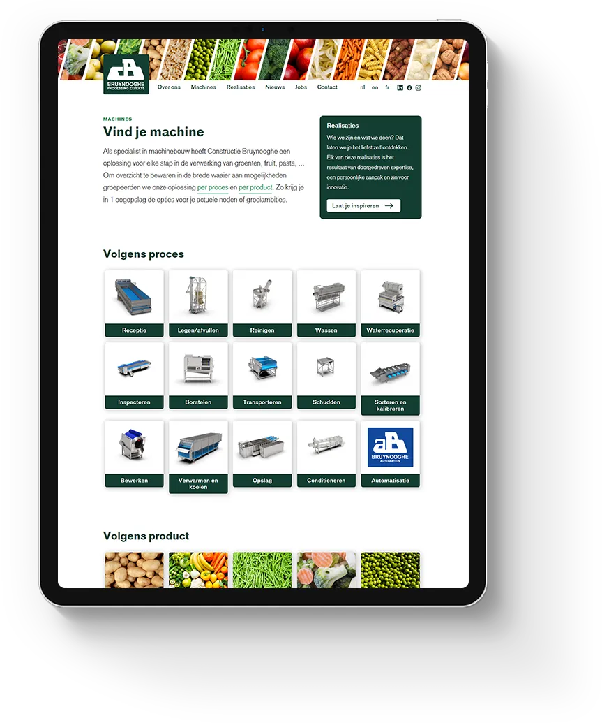 Website Constructie Bruynooghe op een iPad, machines volgens proces.