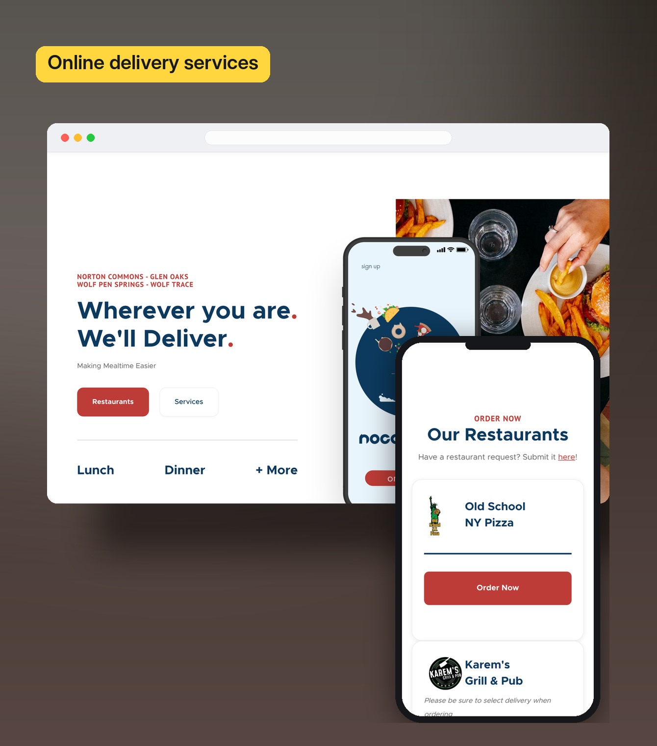 noco.delivery homepage on desktop, with the restaurant ordering page on mobile
