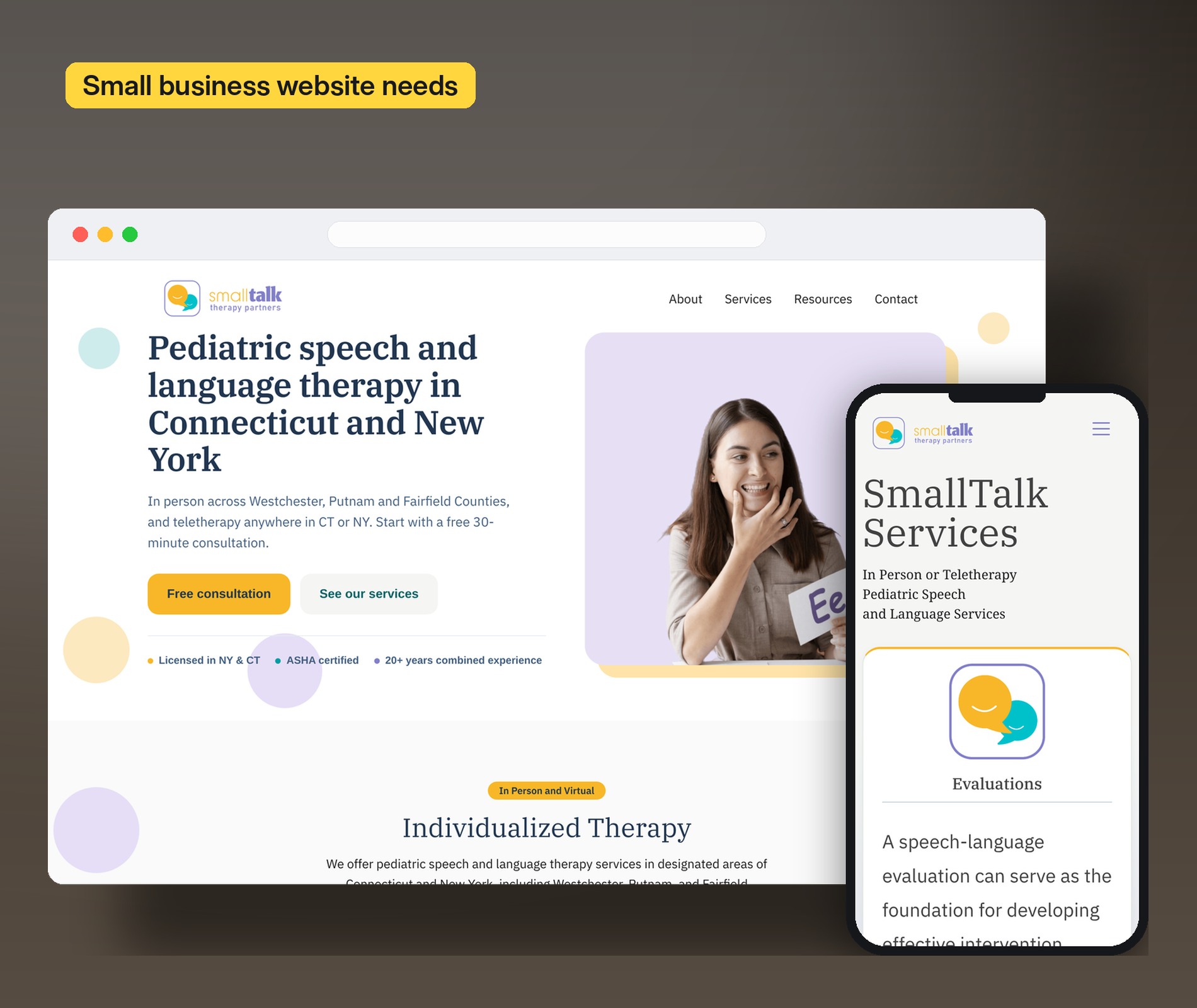 Small Talk Therapy Partners homepage on desktop, with the services page on mobile