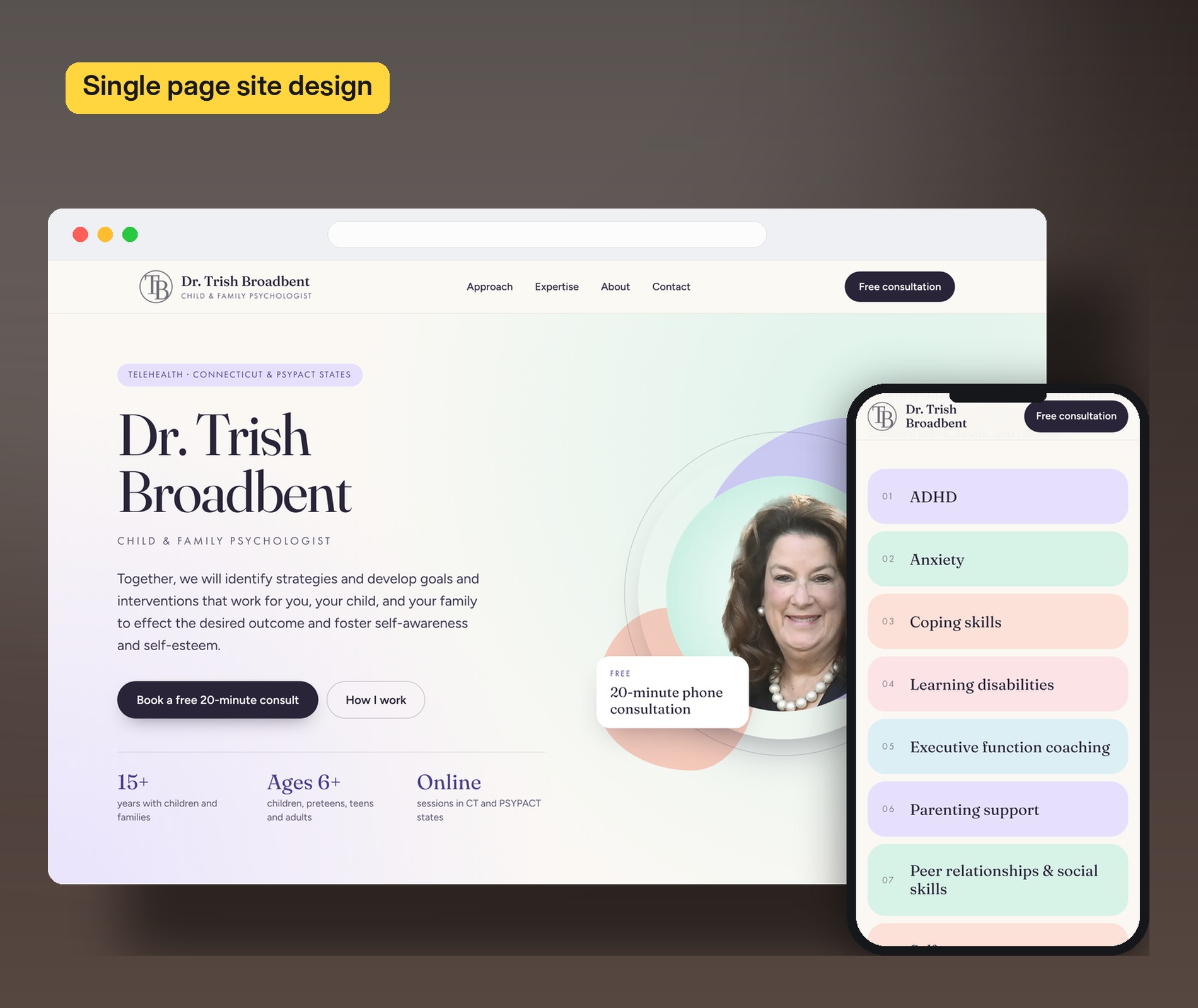 Dr. Trish Broadbent homepage on desktop, with the areas of expertise on mobile