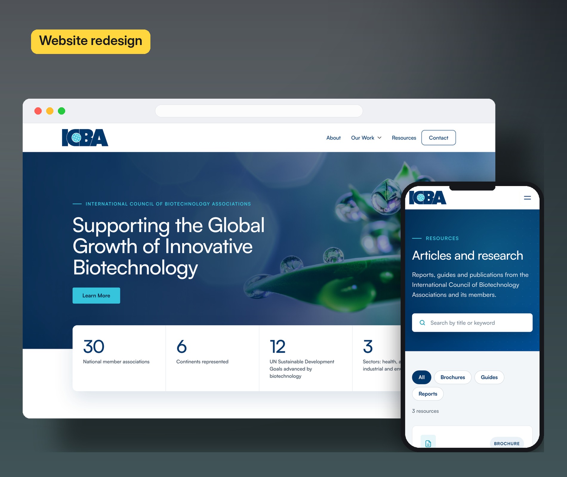 ICBA homepage on desktop, with the research library on mobile
