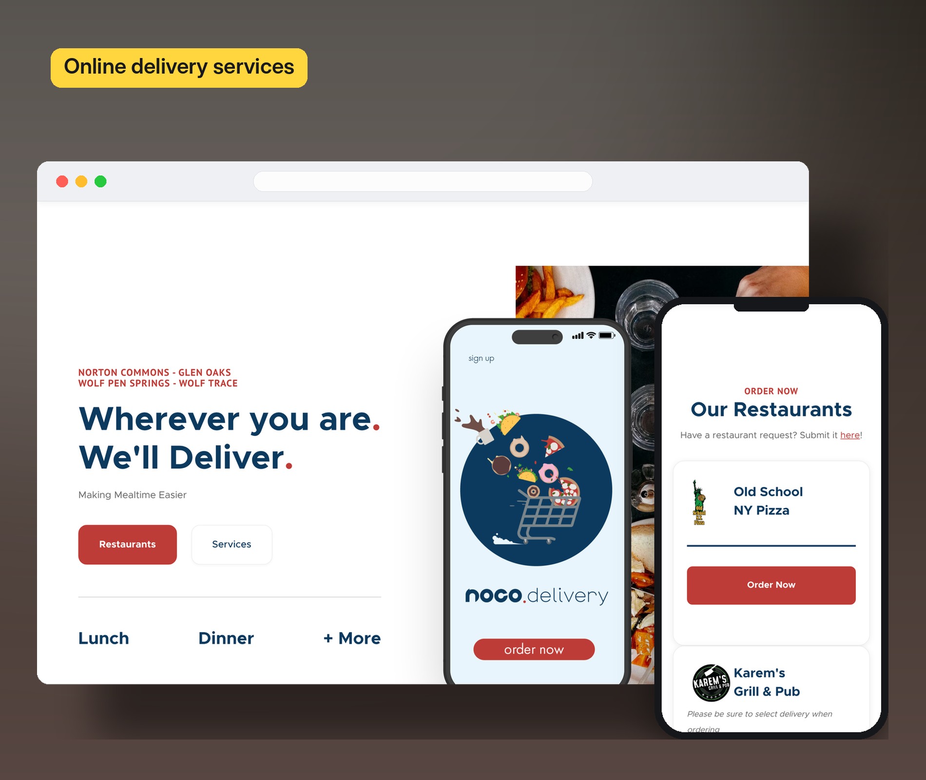 noco.delivery homepage on desktop, with the restaurant ordering page on mobile
