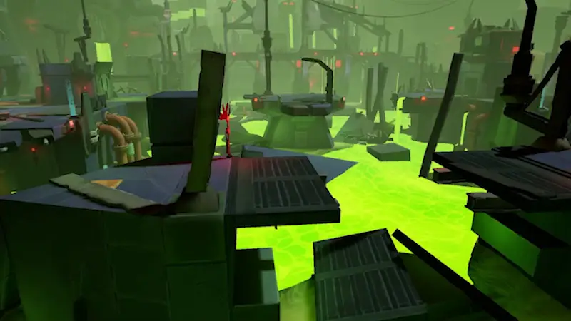 Futuristic industrial landscape with glowing green liquid and dark platforms connected by ramps.