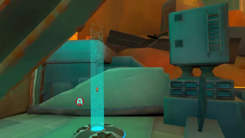 Industrial complex with cranes, smokestacks, and molten lava flows under platforms in a stylized environment.