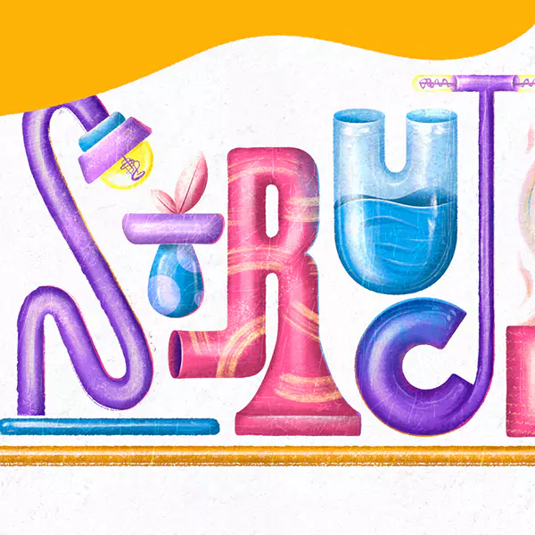 A colorful structured lettering that's been drawn using textures from Rough & Raw Brush Set.
