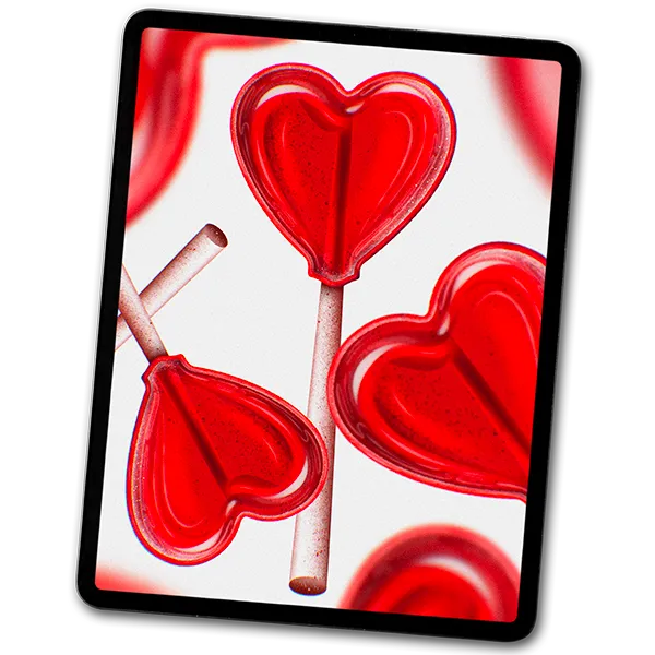 Glossy heart-shaped lollipop illustration created in Procreate with realistic candy glass reflections