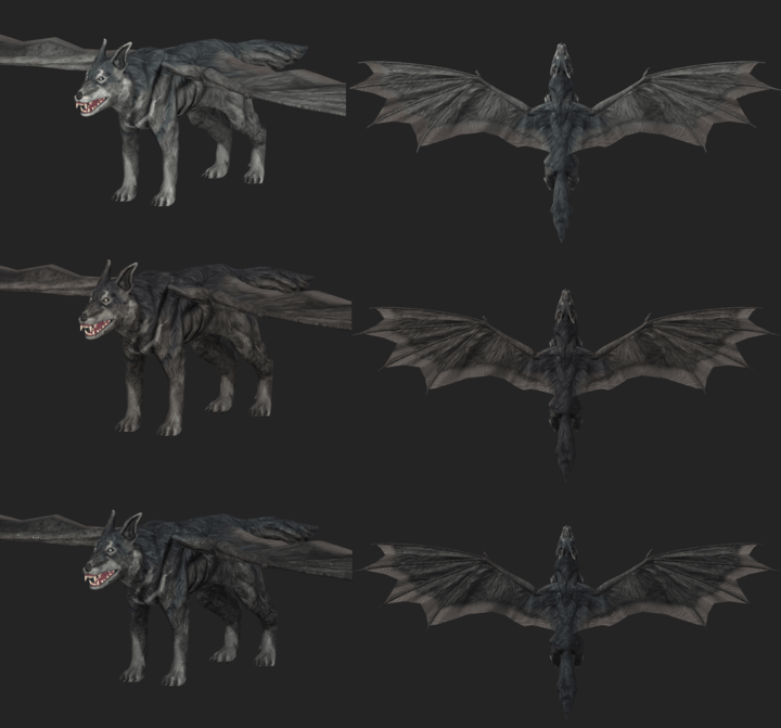 Screenshot from ZBrush showing the three colour variants of Skyhounds from Depths of Erendorn