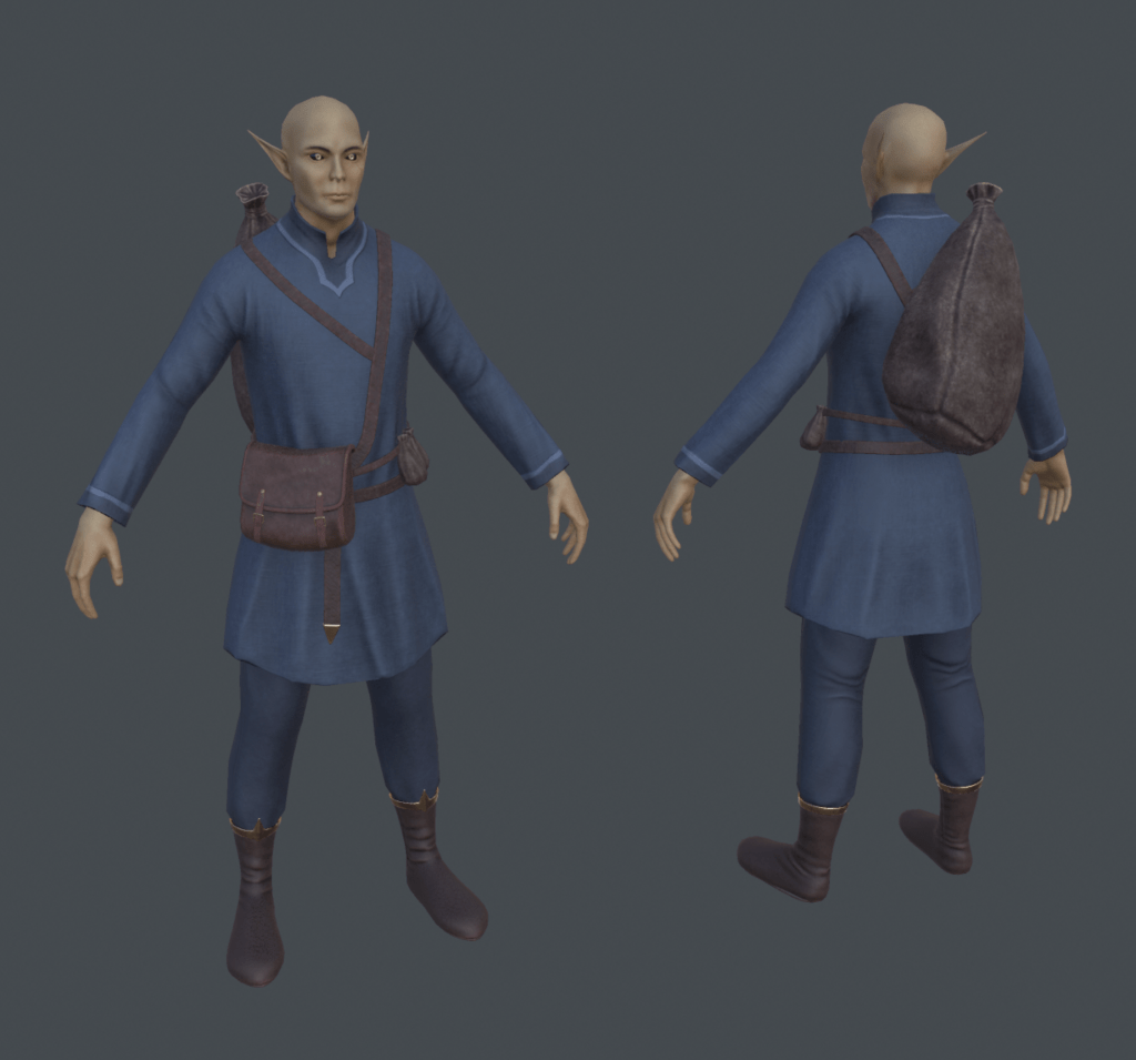 Front and back of a fully textured Storm Elf Merchant model.