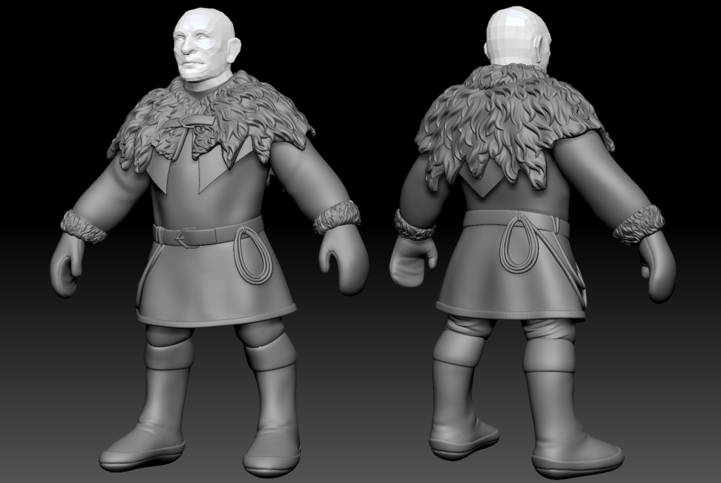 Front and back of a Frost Dwarf's base mesh in ZBrush.