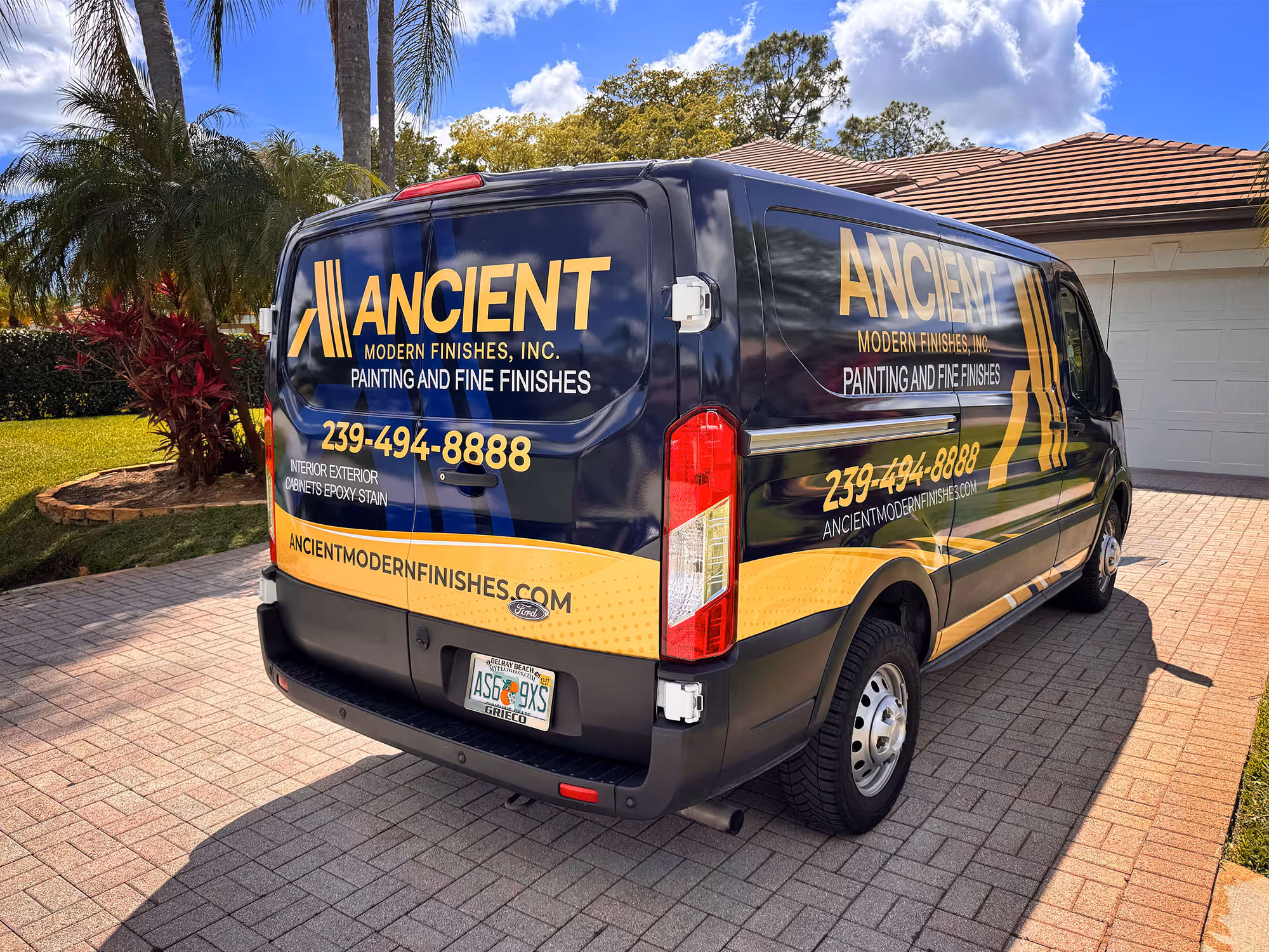 Ancient Modern Finishes. Painting and fine finishes in Naples, Florida. New work van (side view).