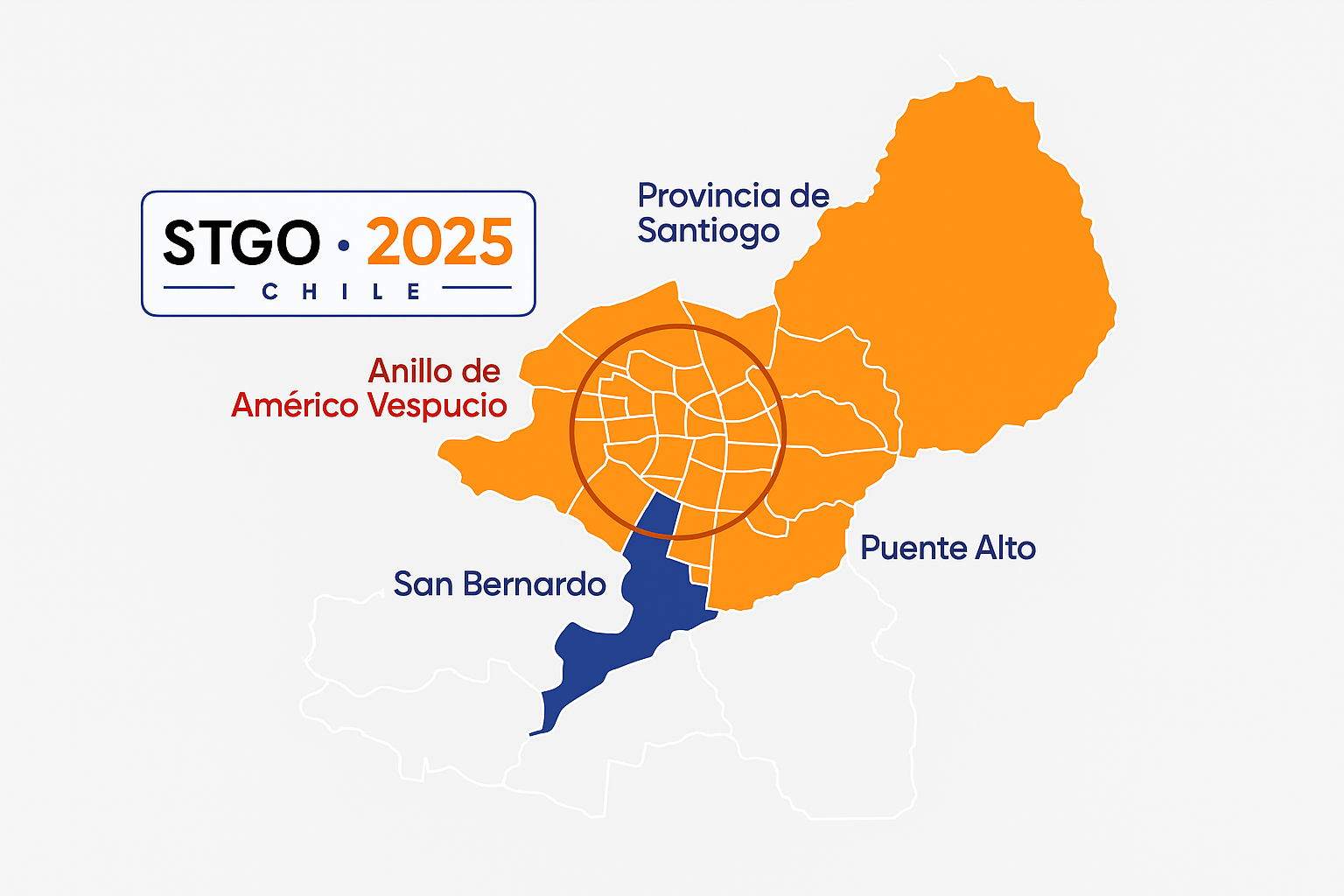 Mapa de zonas con restricción vehicular en Santiago, Chile 2025, incluyendo anillo de Américo Vespucio, Puente Alto y San Bernardo.