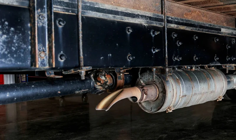 Close-up view of a truck's undercarriage showing a rusted diesel particulate filter (DPF) and exhaust system mounted to a steel frame. The image highlights wear and corrosion, emphasizing the need for inspection or maintenance of emissions control components.