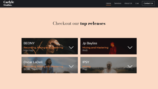 A screenshot of the song showcase section on the Carlyle Studios website